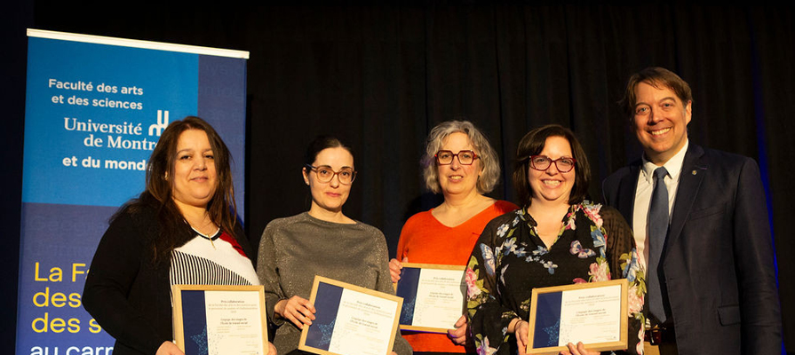 Lynda Ben Mokhtar, Lucia Luis, Nadine Goudreault et Karine Bordeleau de l’équipe des stages de l’École de travail social, lauréates du Prix Collaboration de la Faculté des arts et des sciences pour le personnel de soutien et d’administration.